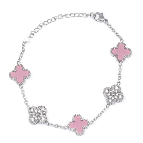 Pulsera de tréboles de esmalte rosado de acero inoxidable para mujer