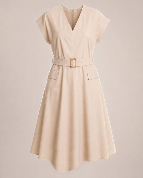 Vestido midi beige con cinturón para mujer
