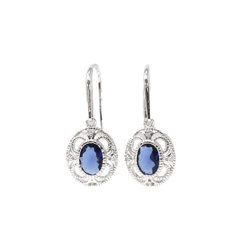 Aretes plateados ovalados estilo vintage con zirconias y vidrio tipo zafiro para mujer