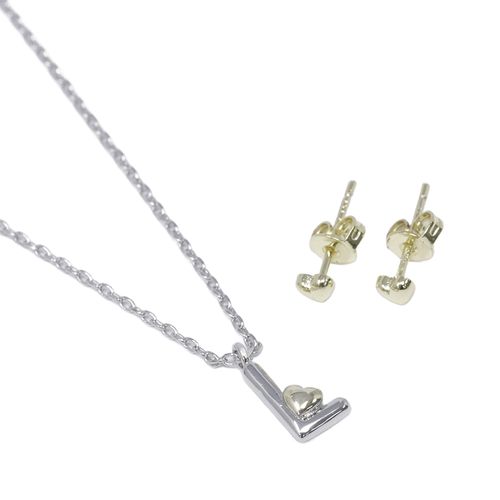 Set de cadena con letra inicial "L" plateada y aretes de corazón para mujer