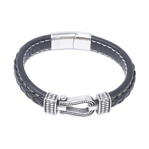 Pulsera de cuero negro trenzado con broche metálico para hombre