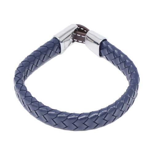 Pulsera trenzada de cuero azul auténtico con cierre de acero inoxidable para hombre