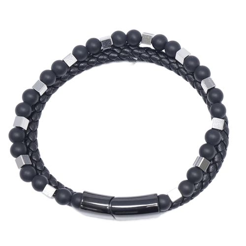 Pulsera doble de cuero trenzado negro con acero inoxidable y cuentas de lava para hombre