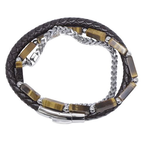 Set de 3 pulseras con cuero trenzado, acero inoxidable y piedra ojo de tigre para hombre