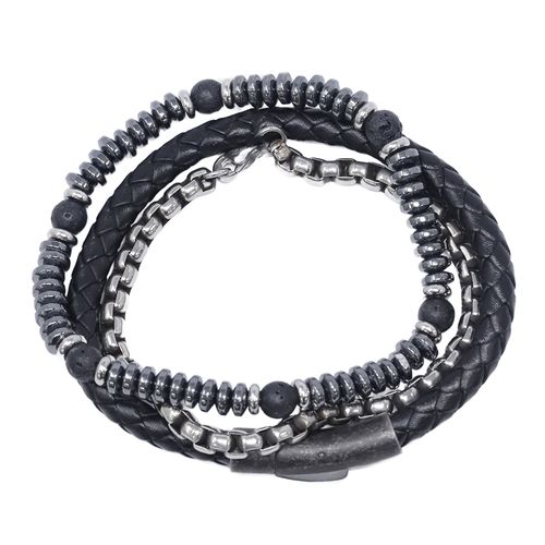 Set de 3 pulseras de cuero trenzado negro, acero inoxidable IP negro y piedra lava para hombre