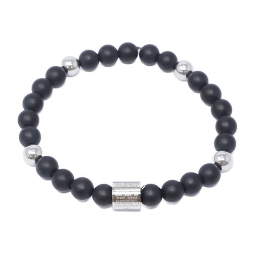 Pulsera religiosa de cuentas negras con detalles plateados para hombre