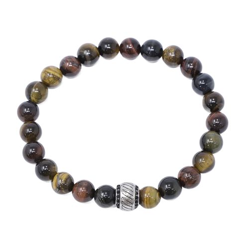 Pulsera de ojo de tigre rojo acero inoxidable y diamantes simulados negros para hombre