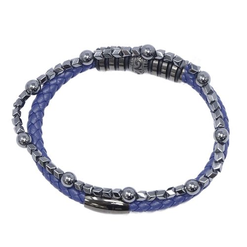 Set de 2 pulseras en cuero trenzado azul y acero inoxidable negro para hombre