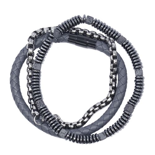 Set de 3 pulseras de cuero gris, acero inoxidable IP negro, piedra lava y hematita para hombre
