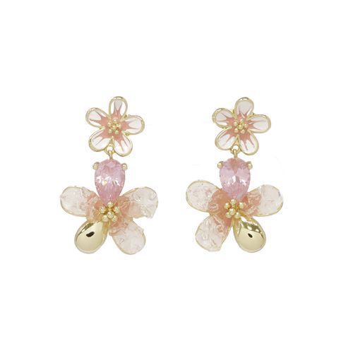 Aretes largos de flor de brass rosado para mujer