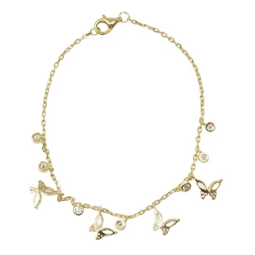 Pulsera de mariposas con zirconias de plata y baño de oro para mujer