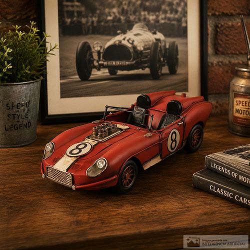 Figura decorativa de auto clásico de carreras rojo 31x12x9cm