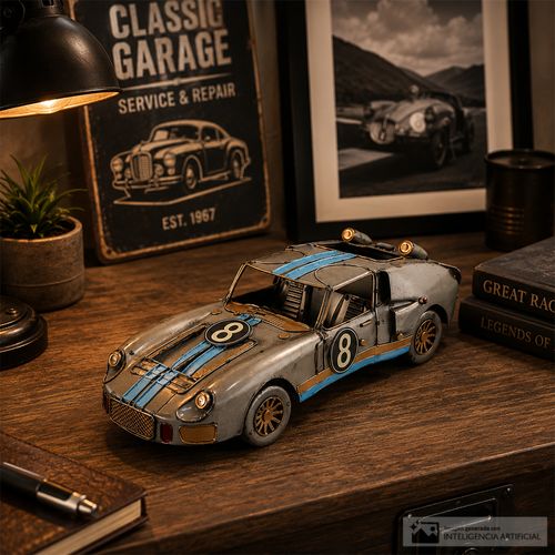 Figura decorativa de auto clásico de carreras gris 31x12x9cm