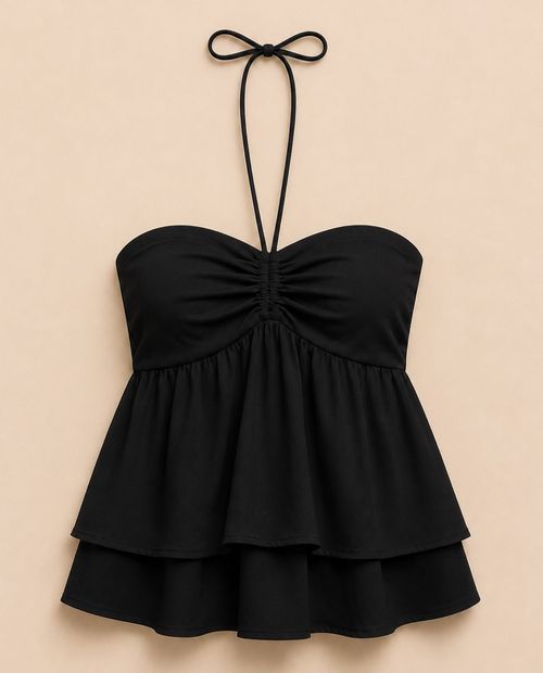 Blusa strapless fluida detalle fruncido negra para mujer