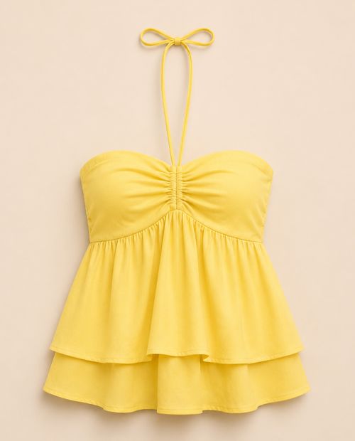 Blusa strapless fluida detalle fruncido amarilla para mujer