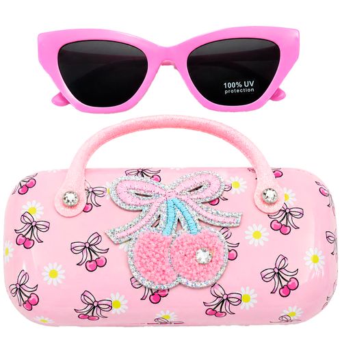 Lentes de sol con estuche rosado con estampado de cerezas para niña