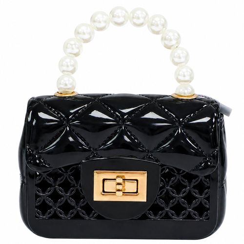 Cartera crossbody negra acolchada con asa de perlas para niña