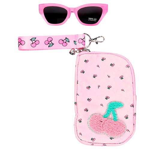 Lentes de sol con estuche rosado con estampado de cerezas para niña