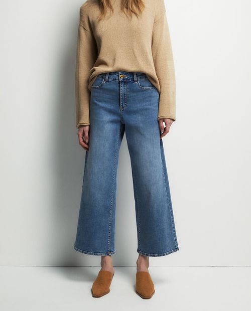 Jeans culotte tiro alto azul denim lavado para mujer