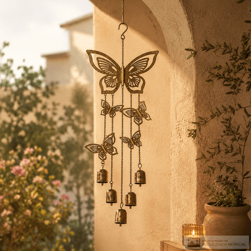 Colgador decorativo de metal dorado con mariposas y campanas 72 x 26 cm