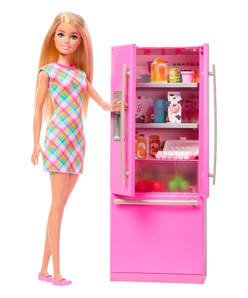Set muñeca Barbie con nevera y 10 accesorios