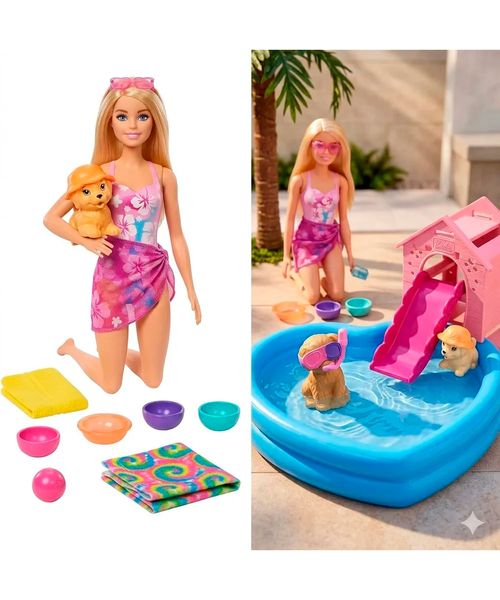 Set muñeca Barbie fiesta de cachorros en la piscina