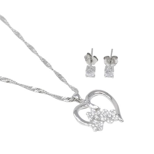 Set de collar y aretes de corazón de brass plateado 1 mm-46 cm para mujer