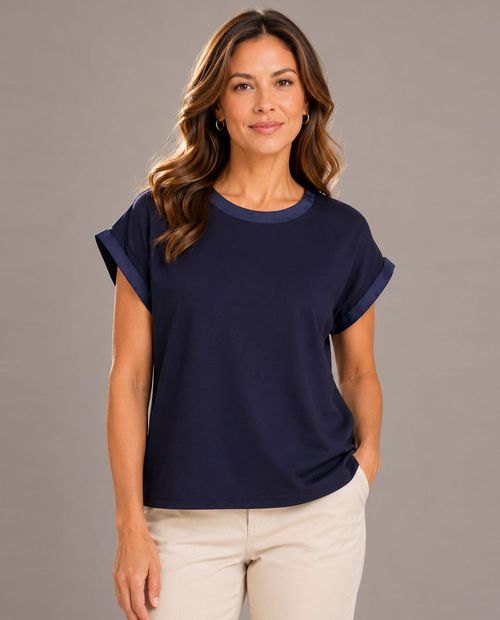 Camiseta con detalle de satín azul navy para mujer