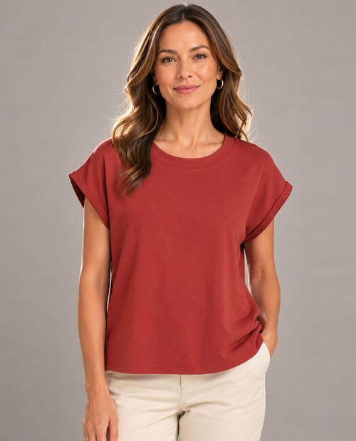 Camiseta con detalle de satín terracota para mujer