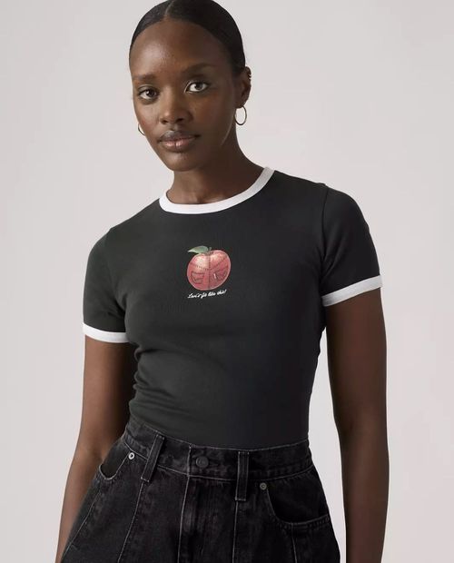 Camiseta ringer tee con estampado de manzana para mujer