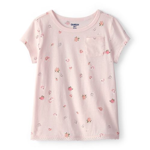 Camiseta rosada con estampado floral y tazas para niña