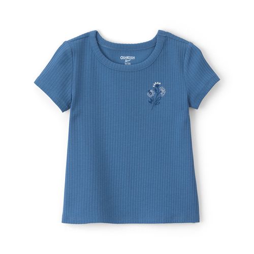 Blusa azul acanalada con bordado floral para niña
