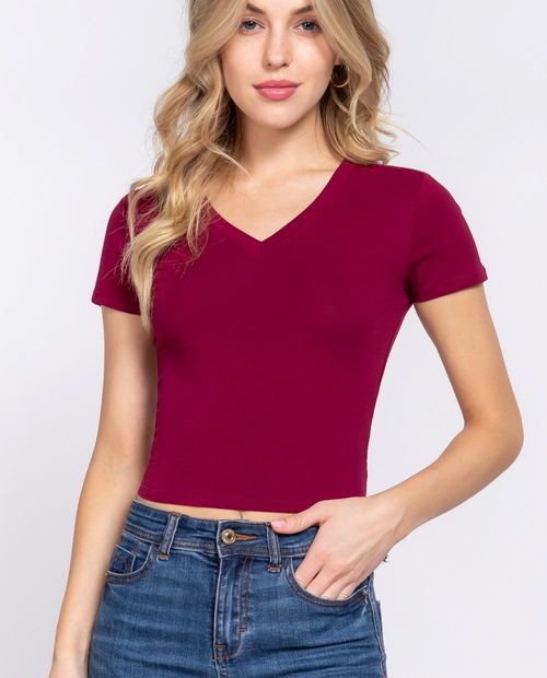 Camiseta crop cuello v burgundy
