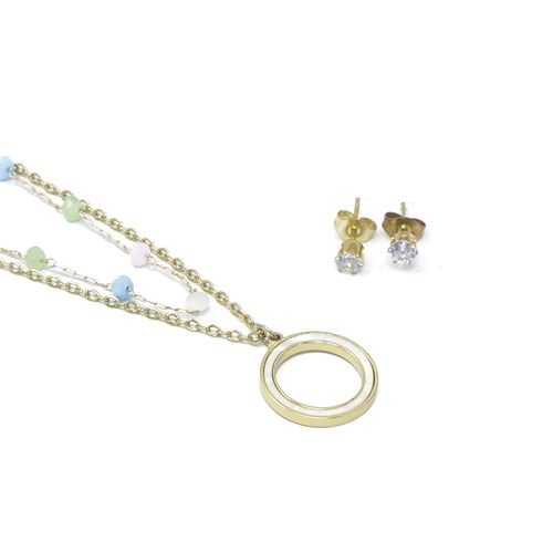 Set de aretes y collar de doble capa dorado para mujer