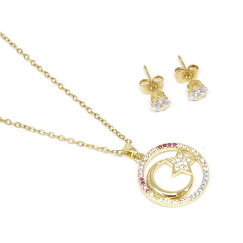 Set de aretes y collar de luna dorado para mujer
