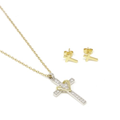 Set de collar y aretes de cruz dorado para mujer