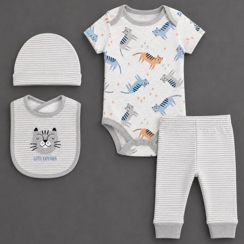 Conjunto de 4 piezas gris con estampado de gatos para bebé niño