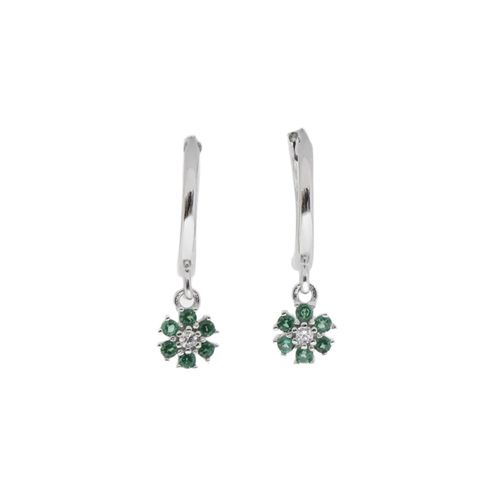 Aretes de plata tipo argolla con dije floral verde para mujer