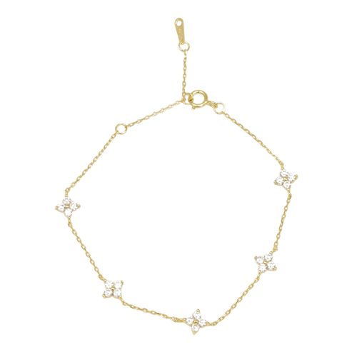 Pulsera de flores con zirconias en plata bañada en oro para mujer