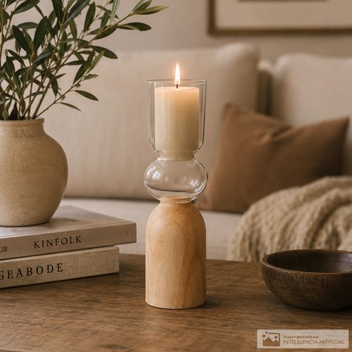 Portavela con base de madera 28 x 8 cm