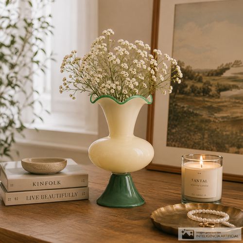 Jarrón de vidrio beige con verde 29 x 16 cm