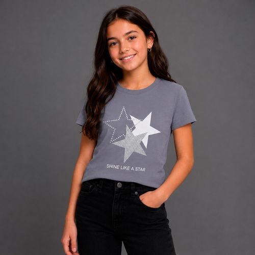 Camiseta gris con estampado de estrellas brillantes para niña