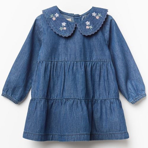 Vestido azul denim con cuello bordado para bebé niña