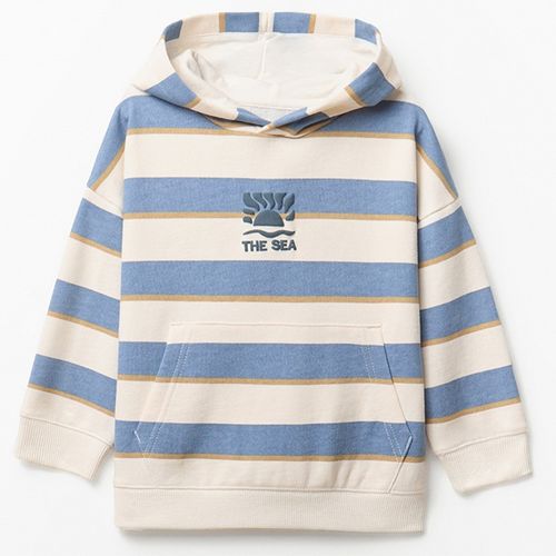 Suéter blanco con rayas azules y capucha para niño