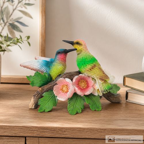 Figura decorativa de colibríes sobre rama con flores 11 x 18 x 8 cm