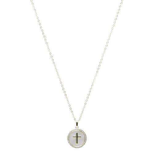 Cadena para mujer con dije redondo de nácar y cruz en latón chapado en oro de 18K