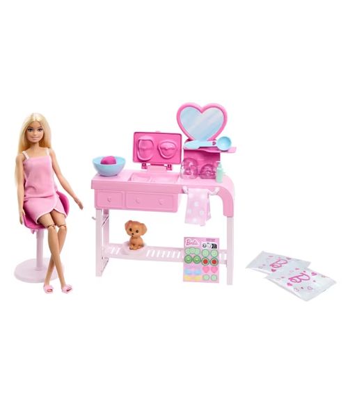 Barbie Set de Juego Spa con Mascarillas Faciales, Muñeca y Más de 10 Accesorios