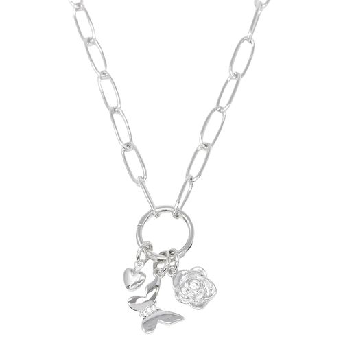 Collar paperclip con dijes flor mariposa plateado 2 mm- 46 cm