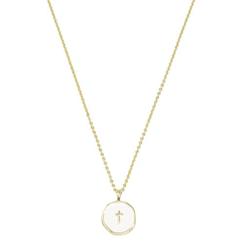 Cadena con dije de cruz esmaltada blanca chapada en oro 18K para mujer