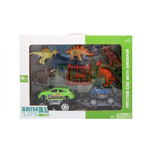 Animal Life Set 10 Piezas Vehículo Fricción C/ Remolque, Caja, 6 Dinosaurios y Mini Vehículo